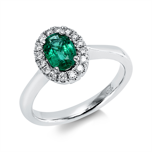 Ring 18 kt WG, 16 Brill. 0,19 ct, TW-vsi, 1 Smaragd 0,71 ct grün