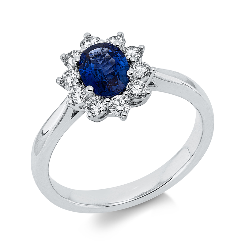 Ring 18 kt WG, 10 Brill. 0,42 ct, TW-vsi, 1 Saphir 0,81 ct blau