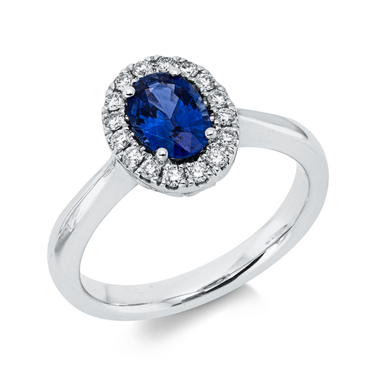 Ring 18 kt WG, 16 Brill. 0,19 ct, TW-vsi, 1 Saphir 0,86 ct blau