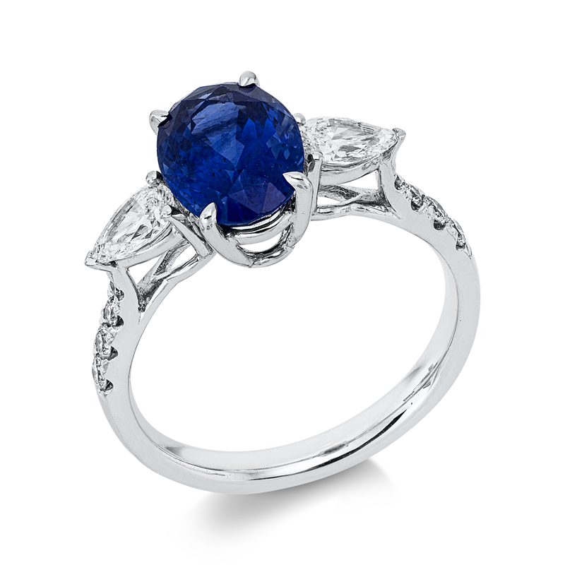 Ring 18 kt WG, 2 Tropfen 0,45 ct, TW-vsi, 8 Brill. 0,15 ct, TW-vsi, 1 Saphir 2,87 ct blau