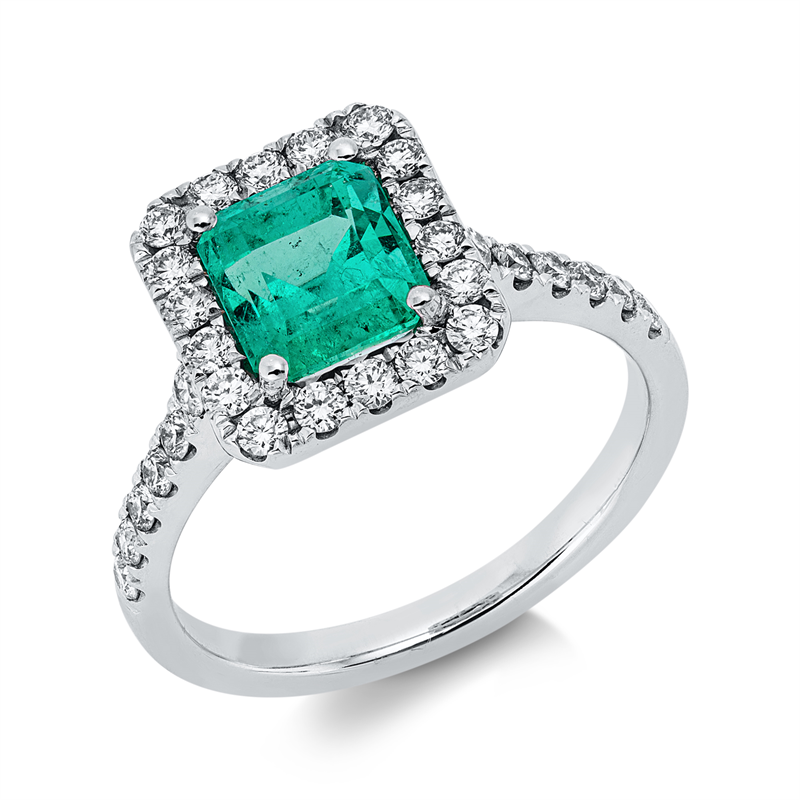 Ring 18 kt WG, 30 Brill. 0,53 ct, TW-vsi, 1 Smaragd 1,50 ct grün