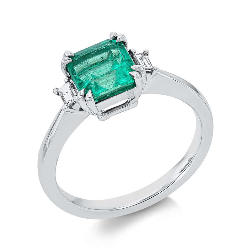 Ring 18 kt WG, 2 Bag. 0,12 ct, TW-vsi, 1 Smaragd 1,71 ct grün