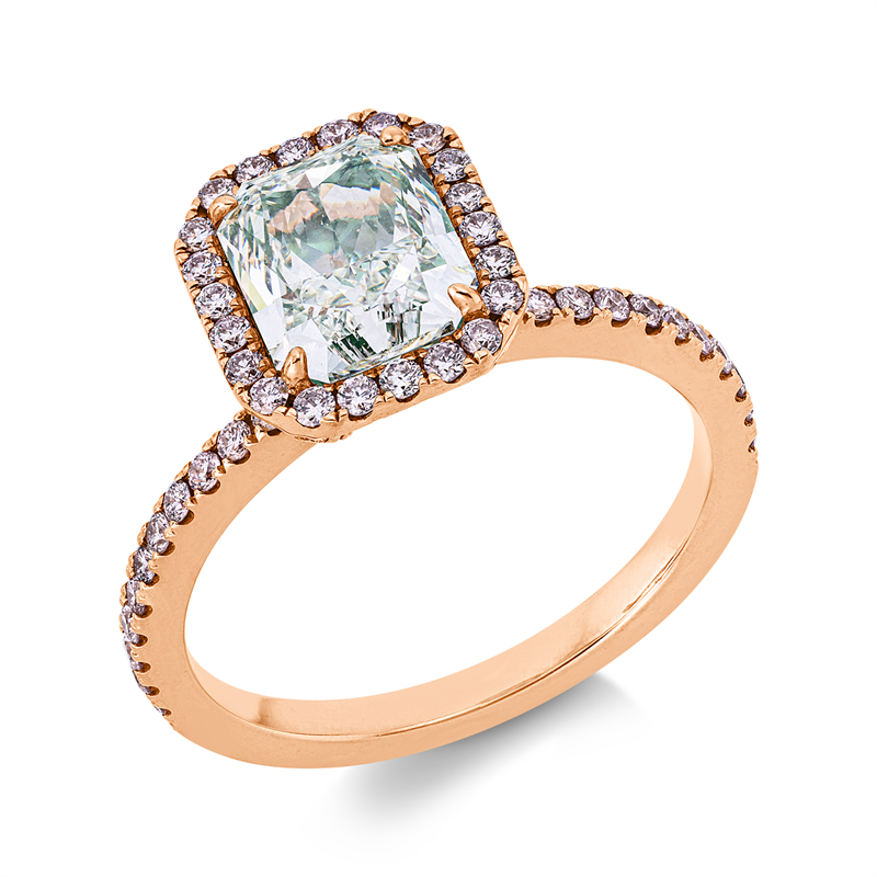 Ring 18 kt RG, GIA 2537019366, 58 Brill. 0,44 ct, TW-si, 1 Radiant 2,11 ct, grün-vsi