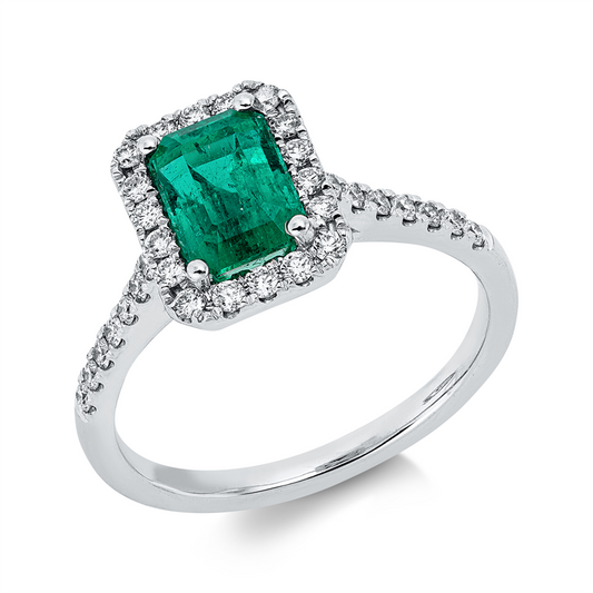 Ring 18 kt WG, 32 Brill. 0,34 ct, TW-vsi, 1 Smaragd 1,40 ct grün