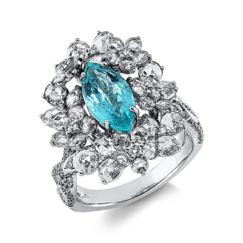 Ring 18 kt WG, 48 Fant-Schl. 2,96 ct, TW-vsi, 1 Paraiba 1,75 ct blau