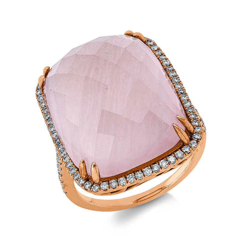 Ring 14 kt RG, 8 Brill. 0,06 ct, TW-pi, 70 Brill. 0,37 ct, TW-pi, 1 Rosenquarz 22,60 ct rosa