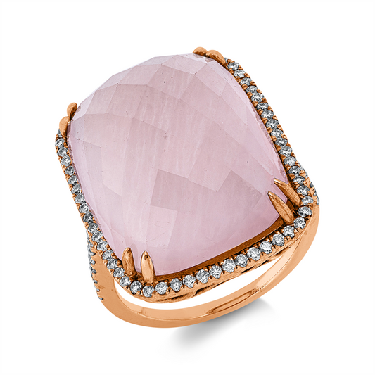 Ring 14 kt RG, 8 Brill. 0,06 ct, TW-pi, 70 Brill. 0,37 ct, TW-pi, 1 Rosenquarz 22,60 ct rosa