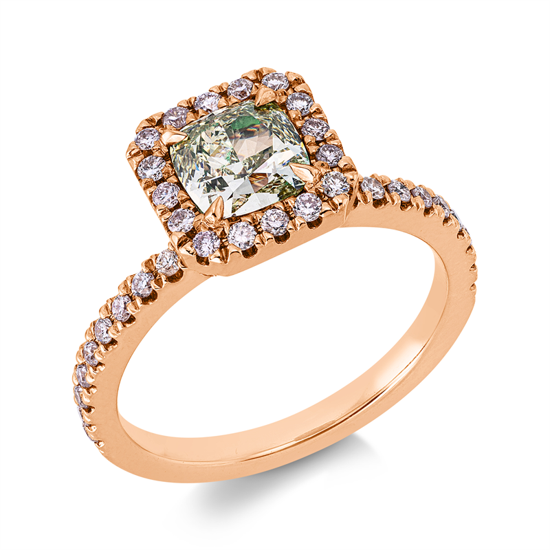Ring 18 kt RG, GIA6432496902, 36 Brill. 0,34 ct, TW-si, 1 Cushion 1,02 ct, gelb-vsi, 12 Brill. 0,09 ct, pink-si