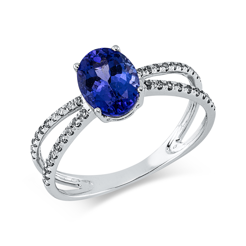 Ring 14 kt WG, 40 Dia. 0,15 ct, TW-pi, 1 Tansanit 1,16 ct blau