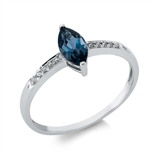 Ring 14 kt WG, 10 Brill. 0,04 ct, TW-pi, 1 Topas 0,71 ct Lond. blue