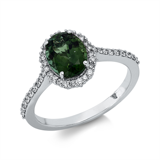 Ring 18 kt WG, 42 Brill. 0,26 ct, TW-si, 1 Turmalin 1,44 ct grün