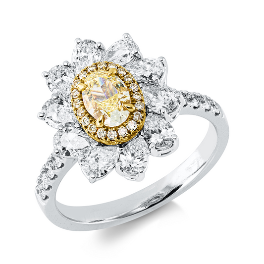 Ring 18 kt WG+GG,1 Oval 0,53 ct, gelb-vs1, 20 Fant-Schl 1,27ct, F-vvs/vs, 20 Brill. 0,07 ct, gelb
