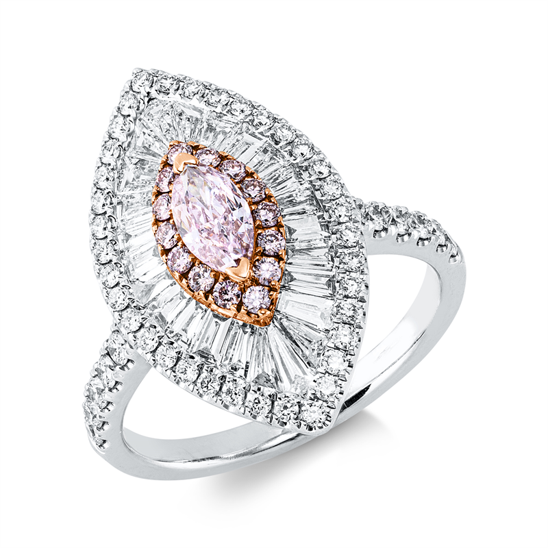 Ring 18 kt, GIA 2173640425,1 Nav.0,39ct, pink-si1, 72 Fant-Schl 1,25ct, F-vvs/vs,14 Brill. 0,14ct, pink