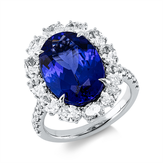 Ring 18 kt WG, 12 Oval 1,58 ct, F-vvs/vs, 12 Brill. 0,36 ct, F-vvs/vs, 1 Tansanit 6,69 ct blau