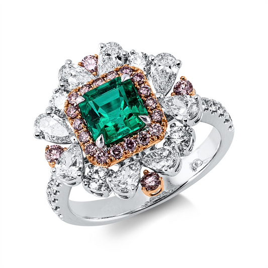 Ring 18 kt,8 Tropfen 0,83 ct, 18 Brill. 0,43 ct, F-vvs/vs, 22 Brill. 0,28 ct, pink, 1 Smaragd 0,93 ct grün