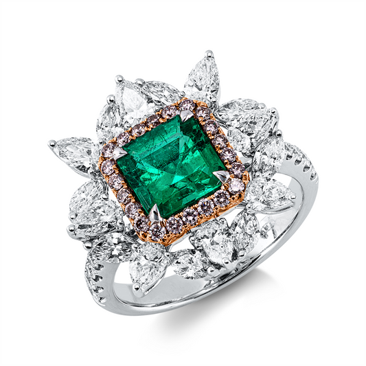Ring 18 kt WG+RG, 30 Fant-Schl 1,72 ct, F-vvs/vs, 22 Brill. 0,20 ct, pink, 1 Smaragd 1,12 ct grün