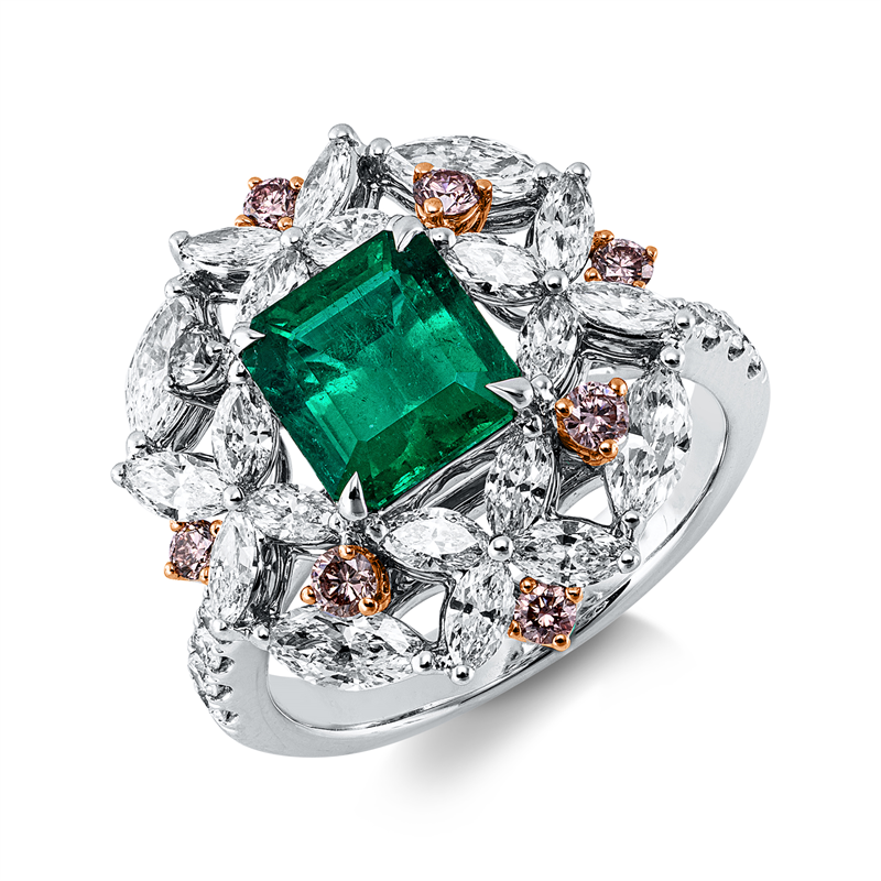 Ring 18ktWG+RG, 20 Nav.1,31ct, 12 Brill.0,16ct, F-vvs/vs, 8 Brill. 0,25ct, pink, 1 Smaragd 1,41ct grün