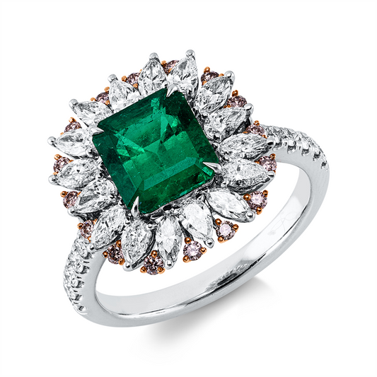 Ring 18 kt WG+RG, 30 Fant-Schl 0,95 ct, F-vvs/vs, 16 Brill. 0,15 ct, pink, 1 Smaragd 1,50 ct grün
