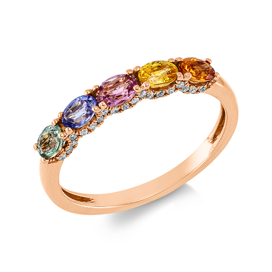 Ring 18 kt RG, 38 Dia. 0,13 ct, TW-pi, 5 Saphire 1,05 ct multicolor