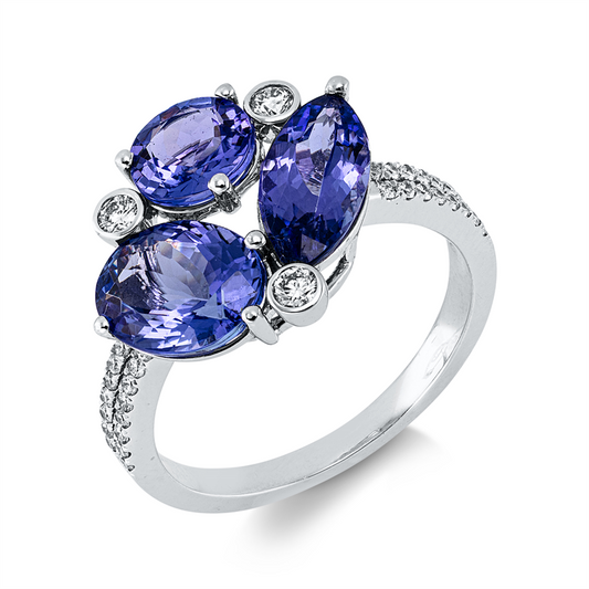 Ring 18 kt WG, 35 Brill. 0,25 ct, F-vsi, 3 Tansanit 3,51 ct blau