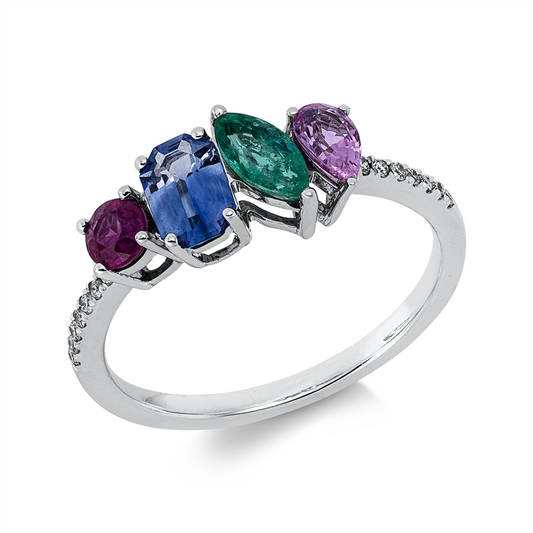 Ring 18 kt WG, 14 Brill. 0,06 ct, TW-si, 4 Farbsteine 1,18 ct multicolor