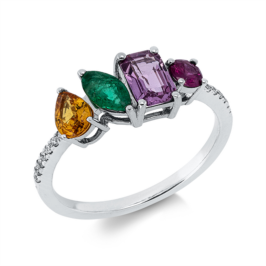 Ring 18 kt WG, 14 Brill. 0,06 ct, TW-si, 4 Farbsteine 1,34 ct multicolor
