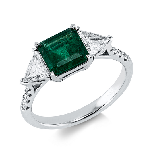 Ring 18 kt WG, 2 Triangel 0,50 ct, W-vsi, 8 Brill. 0,15 ct, F-vsi, 1 Smaragd 1,36 ct grün