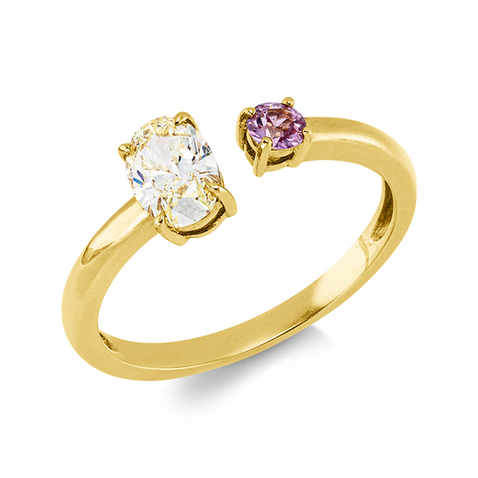 Ring 18 kt GG, 1 Oval 0,50 ct, gelb, 1 Saphir 0,12 ct pink