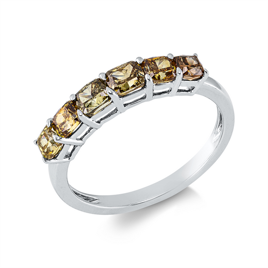 Ring 18 kt WG, 6 Cushion 1,30 ct, braun