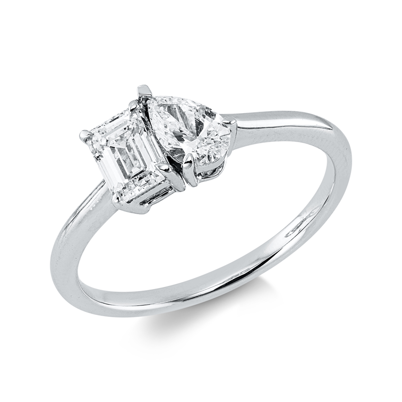 Ring 18 kt WG, 1 Tropfen 0,31 ct, F-vsi/si, 1 Sm.schliff 0,48 ct, F-vsi
