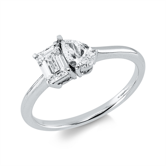 Ring 18 kt WG, 1 Tropfen 0,31 ct, F-vsi/si, 1 Sm.schliff 0,48 ct, F-vsi