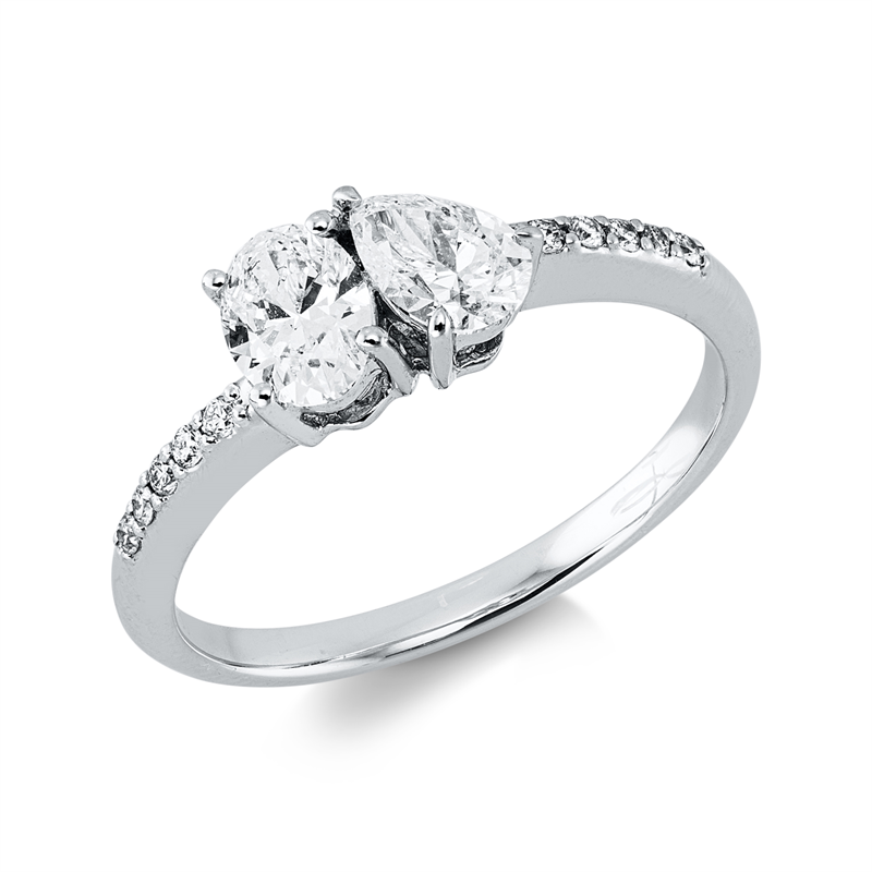 Ring 18 kt WG, 1 Oval 0,41 ct, F-vsi, 1 Tropfen 0,36 ct, F-vsi, 10 Brill. 0,07 ct, F-vsi