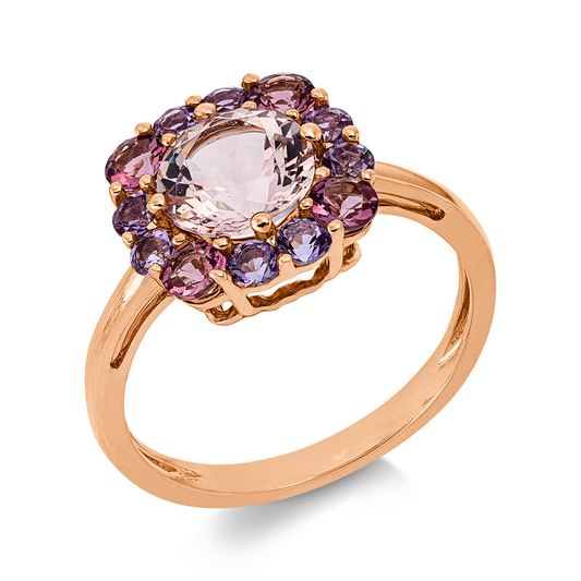 Ring 18 kt RG, 4 Turmalin 0,50 ct pink, 1 Morganit 1,40 ct rosa, 8 Amethyste 0,40 ct pink