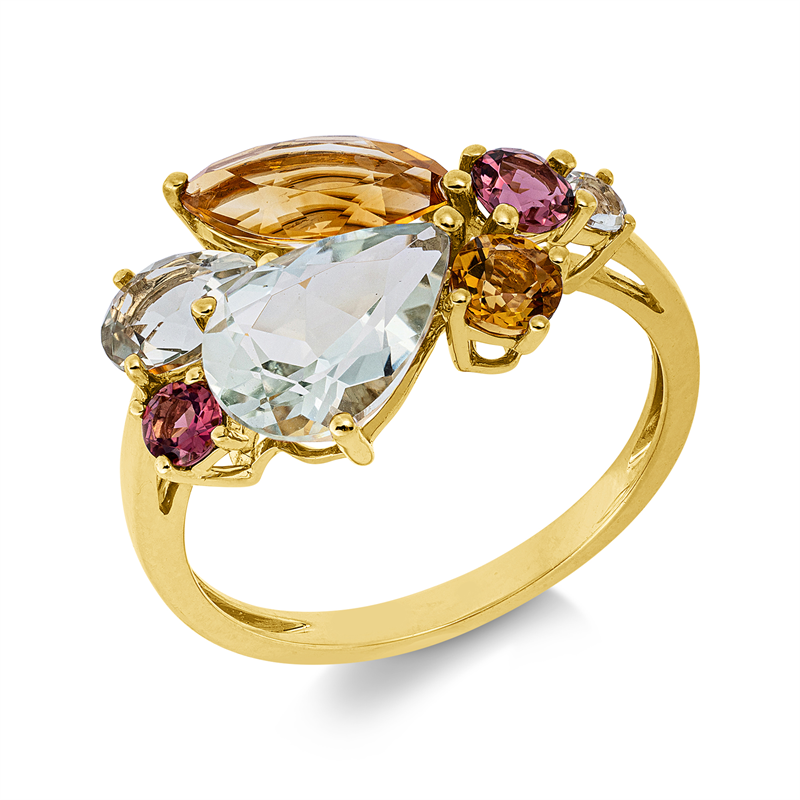Ring 18 kt GG, 2 Citrin 1,00 ct gelb, 2 Am 0,60 ct grün, 1 Am 1,20 ct grün, 2 Turmalin 0,40 ct pink