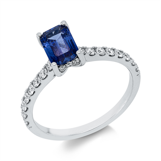 Ring 18 kt WG, 32 Brill. 0,41 ct, TW-si, 1 Saphir 0,97 ct blau