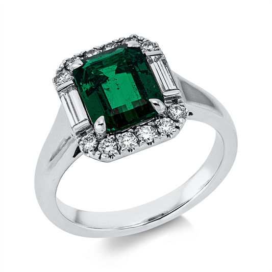 Ring 18 kt WG, 2 Bag. 0,24 ct, TW-si, 12 Dia. 0,24 ct, TW-vsi, 1 Smaragd 2,02 ct grün