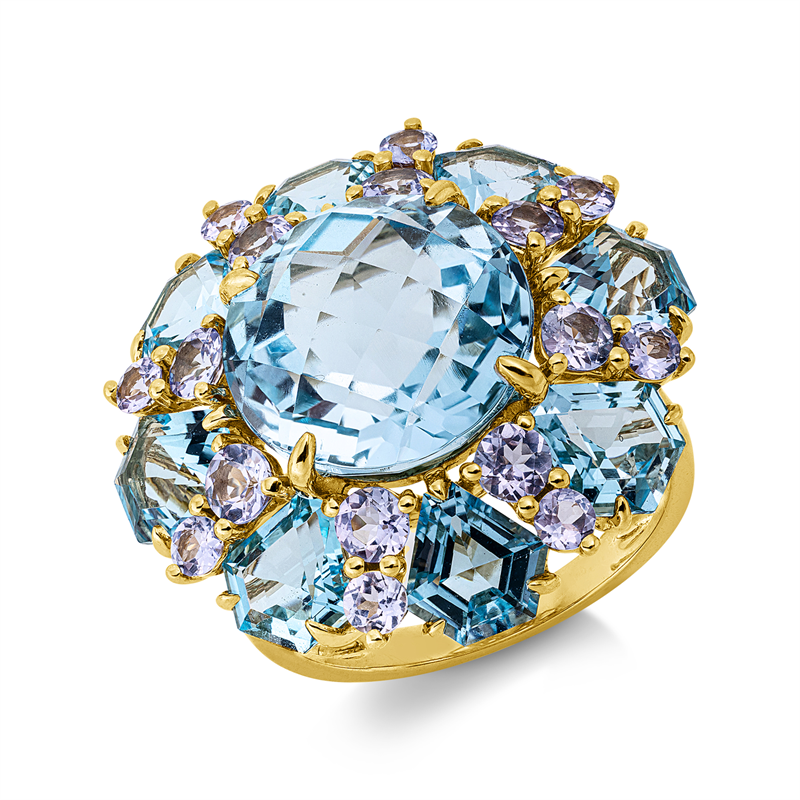 Ring 18 kt GG, 8 Topase 5,10 ct blau, 1 Topas 8,40 ct sky blue, 16 Tansanit 1,60 ct blau