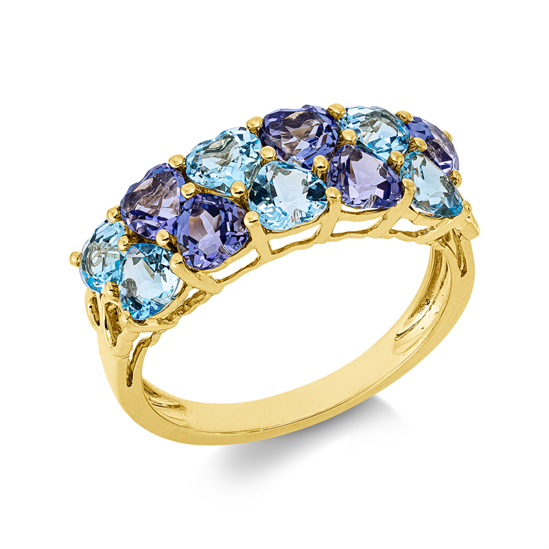 Ring 18 kt GG, 5 Tansanit 1,50 ct blau, 6 Topase 1,70 ct blau