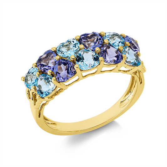 Ring 18 kt GG, 5 Tansanit 1,50 ct blau, 6 Topase 1,70 ct blau