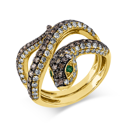 Ring 14 kt GG, Fassung teils schwarz rhodinie, 56 Brill. 0,59 ct, braun-si, 13 Brill. 0,06 ct, W-pi, 96 Brill. 1,05 ct, W-pi, 2 Smaragde 0,04 ct grün