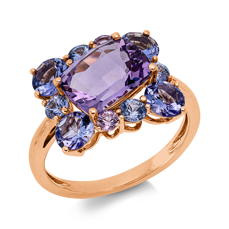 Ring 18 kt RG, 2 Saphire 0,17 ct pink, 4 Tansanit 1,70 ct blau, 1 Am 2,20 ct pink, 4 Saphire 0,50 ct blau