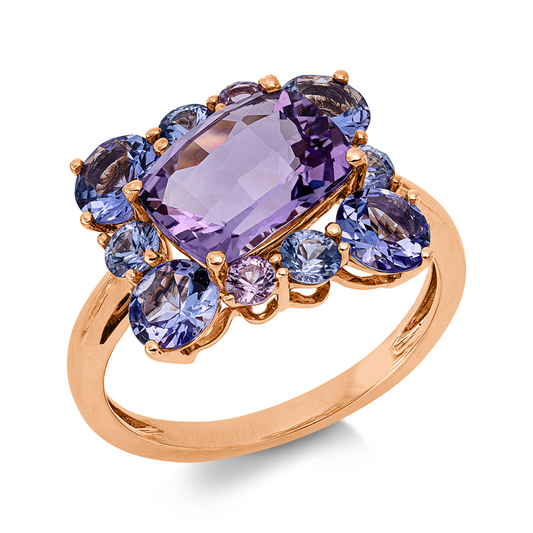 Ring 18 kt RG, 2 Saphire 0,17 ct pink, 4 Tansanit 1,70 ct blau, 1 Am 2,20 ct pink, 4 Saphire 0,50 ct blau