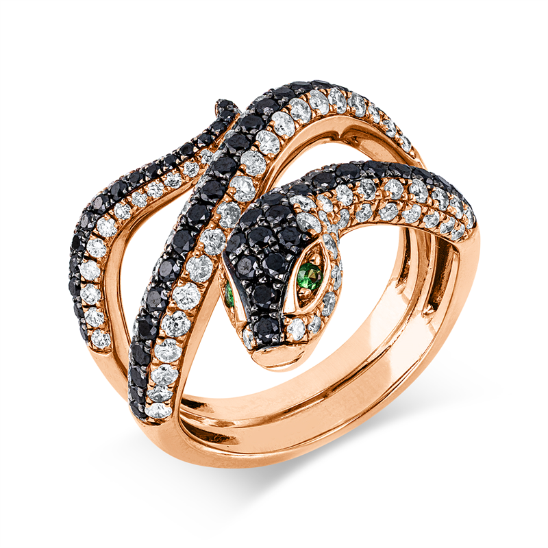 Ring 14 kt RG, 108 Brill. 1,06 ct, W-pi, 56 Brill. 0,61 ct, schwarz, 2 Smaragde 0,03 ct grün, 2 Smaragde 0,03 ct grün