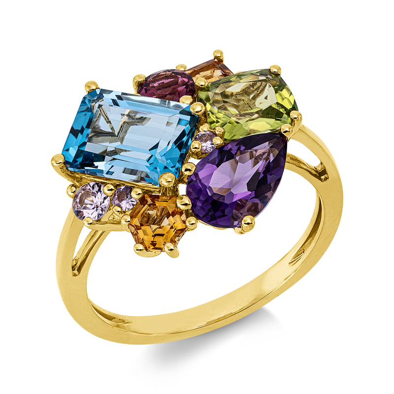 Ring 18 kt GG,6 Farbsteine 4,30 ct multicolor, 3 Saphire 0,17 ct pink