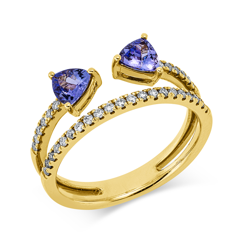 Ring 14 kt GG, 33 Brill. 0,24 ct, W-si/pi, 2 Tansanit 0,64 ct blau