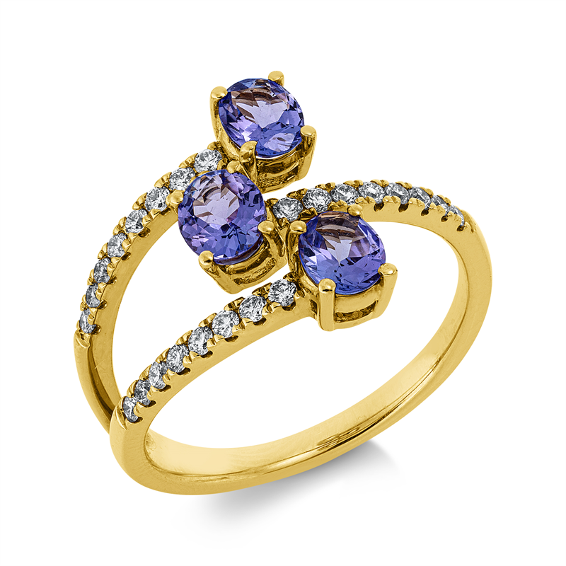 Ring 14 kt GG, 24 Brill. 0,26 ct, W-si, 3 Tansanit 1,07 ct blau