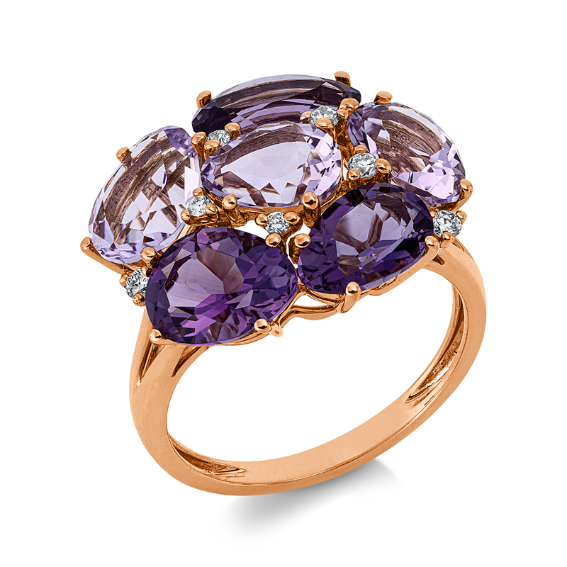 Ring 18 kt RG, 7 Brill. 0,11 ct, TW-si, 3 Amethyste 3,00 ct pink, 3 Amethyste 2,70 ct lila