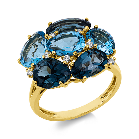 Ring 18 kt GG, 7 Brill. 0,11 ct, TW-si, 3 Topase 3,80 ct blau, 3 Topase 3,70 ct Lond. blue