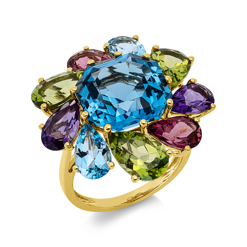 Ring 18 kt GG, 9 Farbsteine 9,70 ct multicolor, 1 Topas 9,80 ct blau