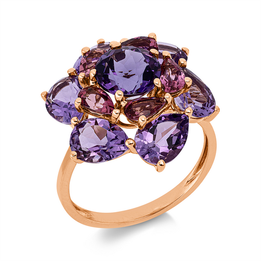 Ring 18 kt RG, 5 Turmalin 1,00 ct pink, 1 Amethyst 1,40 ct lila, 6 Amethyste 3,80 ct pink